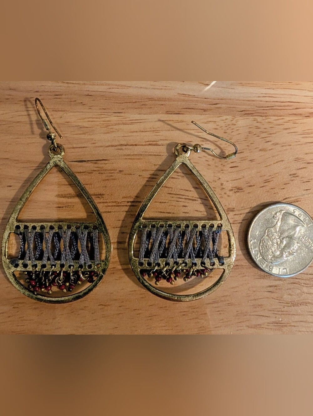 Fair Trade Gold-Tone Teardrop Earrings with Blue Thread and Red Bead Accents